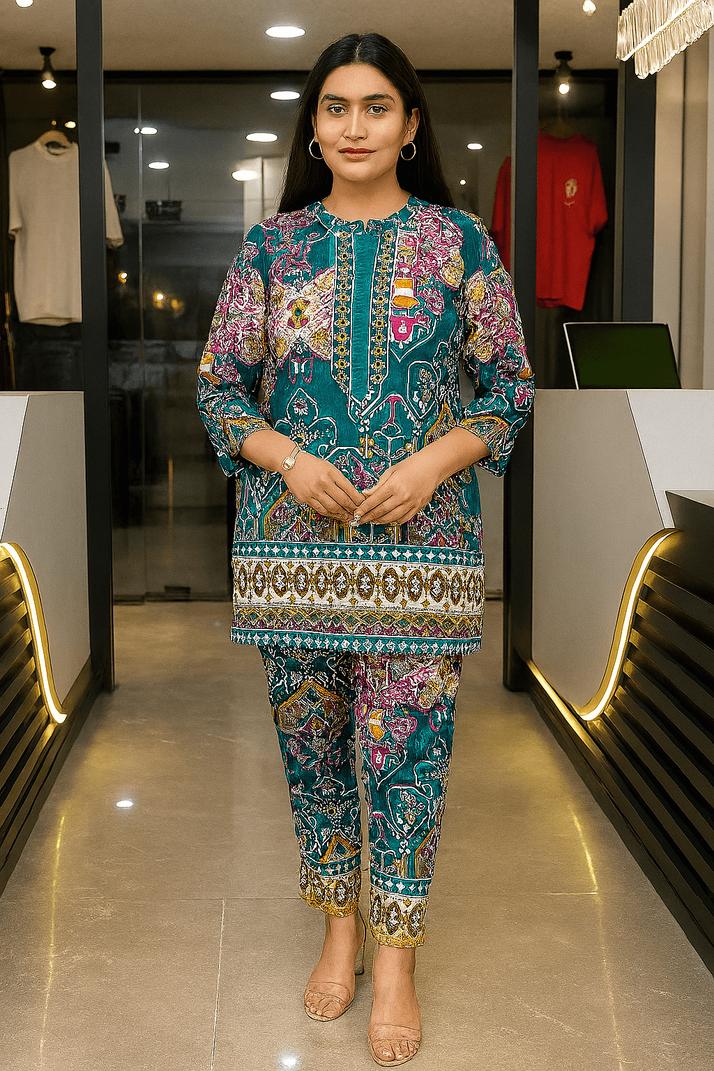Emerald Bloom Printed Co-ord Set featuring vibrant teal floral motifs, styled with matching straight pants for elegant comfort.