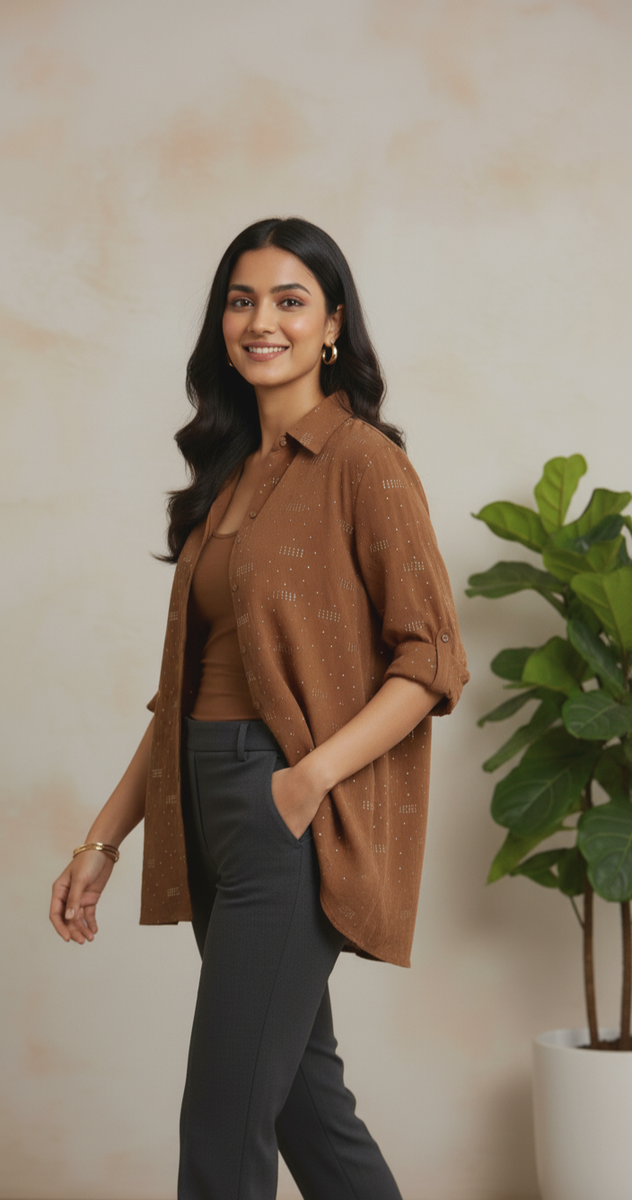 The Relaxed Fit Button-Down Overshirt with Subtle Shimmer