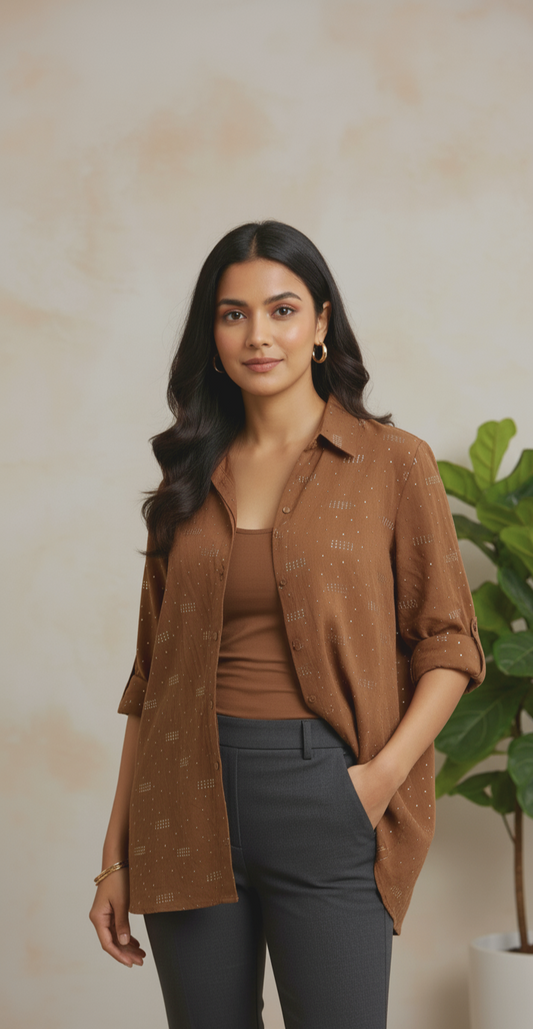 The Relaxed Fit Button-Down Overshirt with Subtle Shimmer