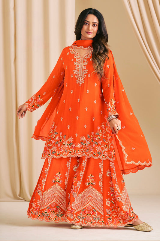 Luxury Orange Embroidered Suit Set with Dupatta