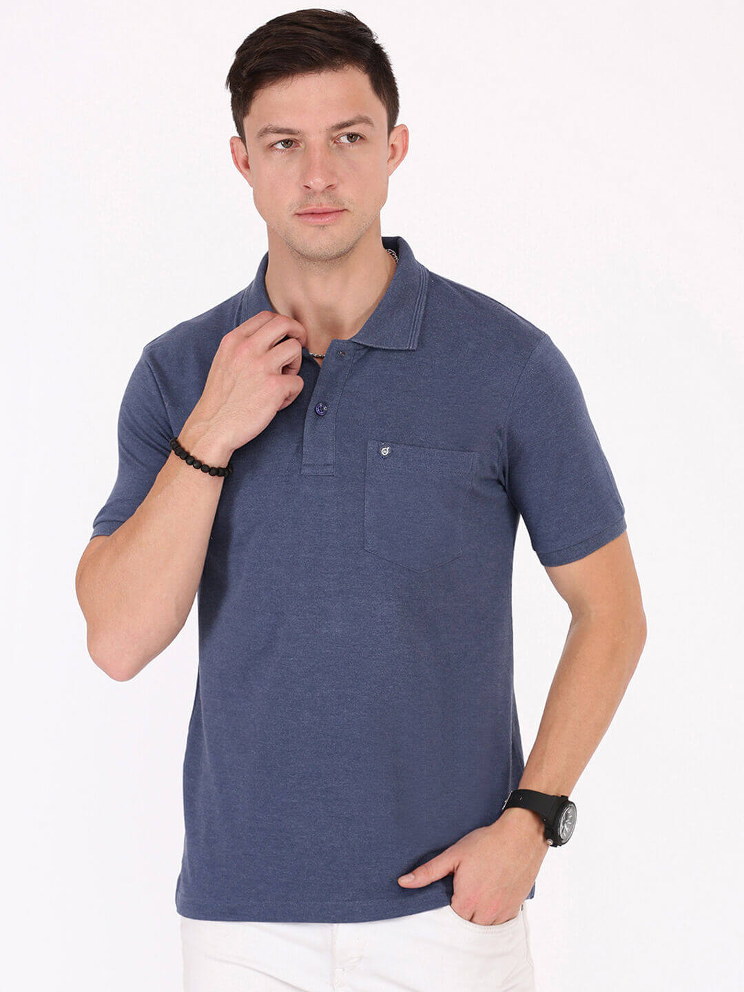 Smartz Basics Pique Polo T-Shirt in navy blue with pocket, made of 60% cotton and 40% polyester for style and comfort.
