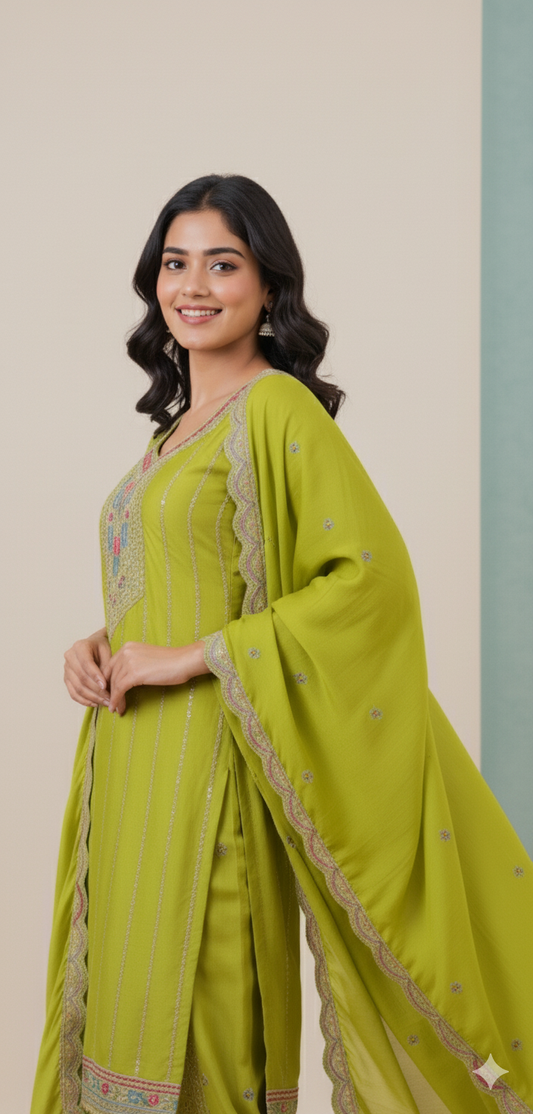 The Lime Serenity Embroidered Palazzo Suit