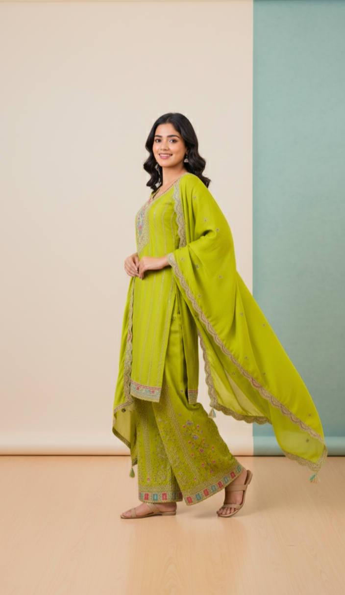 The Lime Serenity Embroidered Palazzo Suit