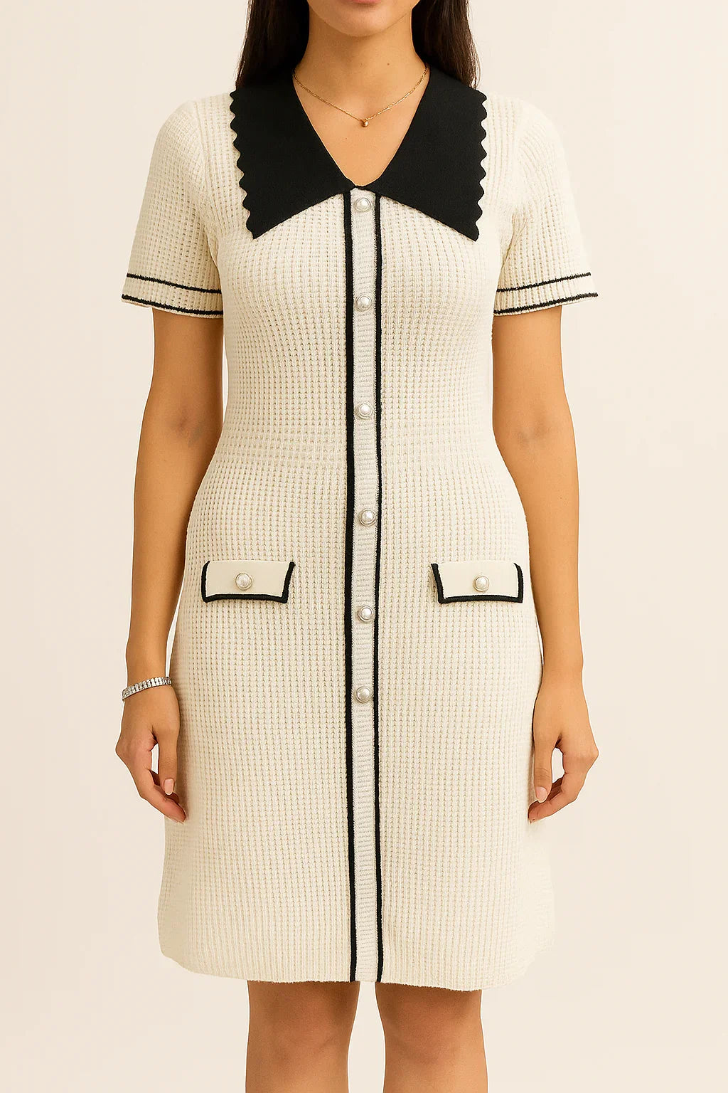 Elegant Contrast Trim Knitted Dress – Available in Ivory & Black - Luvani Trends & Lifestyle