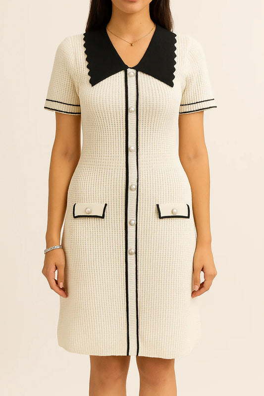 Elegant Contrast Trim Knitted Dress – Available in Ivory & Black - Luvani Trends & Lifestyle