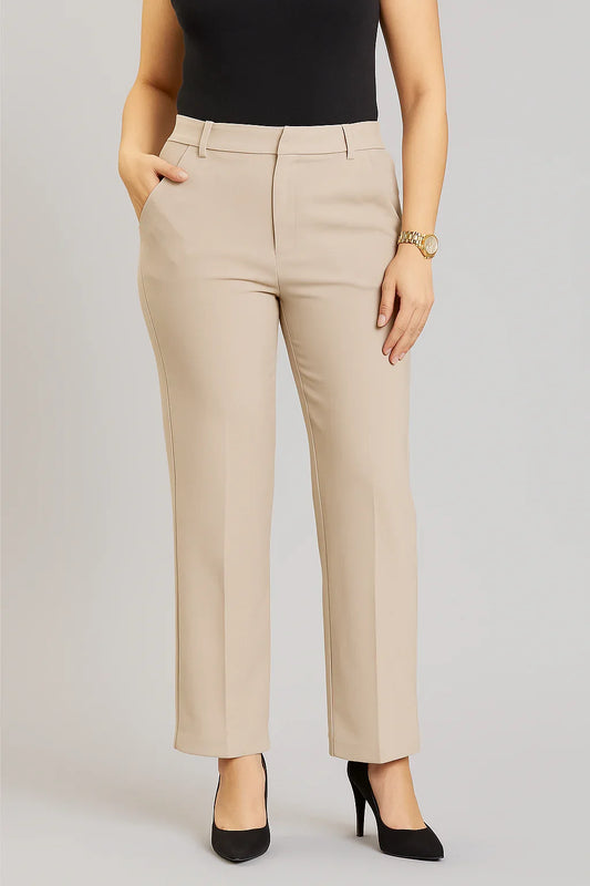 Beige High-Waist Straight Fit Trousers - Luvani Trends & Lifestyle