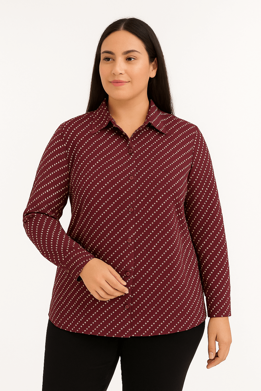 Women's maroon printed full sleeve shirt with diagonal dot pattern, perfect for casual or workwear styles.
