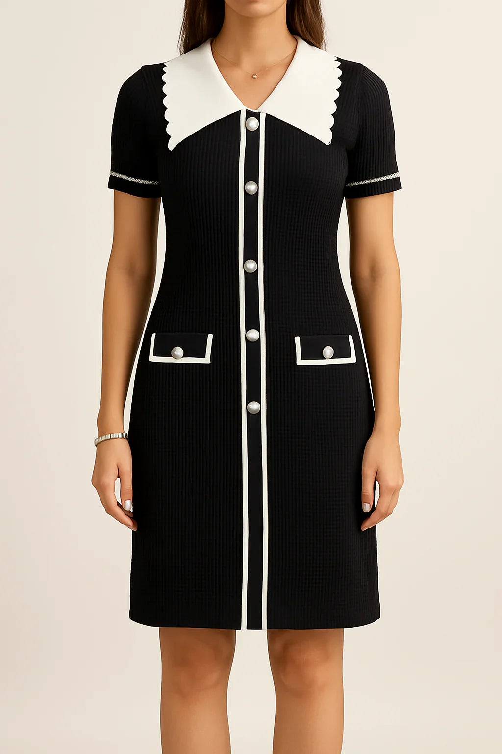 Elegant Contrast Trim Knitted Dress – Available in Ivory & Black - Luvani Trends & Lifestyle