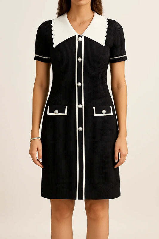 Elegant Contrast Trim Knitted Dress – Available in Ivory & Black - Luvani Trends & Lifestyle