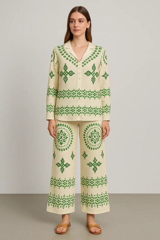 Ivory & Mehendi Green Printed Co-ord Set - Luvani Trends & Lifestyle