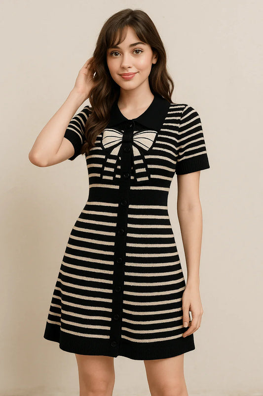 Bow Detail Striped Knit Dress - Luvani Trends & Lifestyle