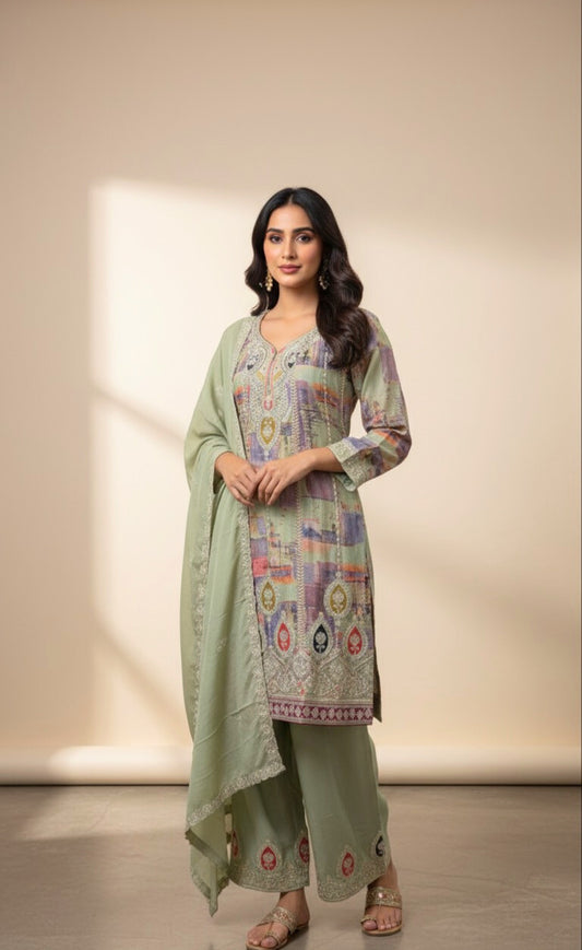 Pastel Green Printed Sharara Set with Embroidered Detailing