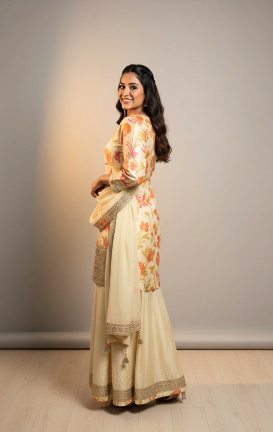 Ivory Floral Sharara Set with Embroidered Detailing – Festive Elegance