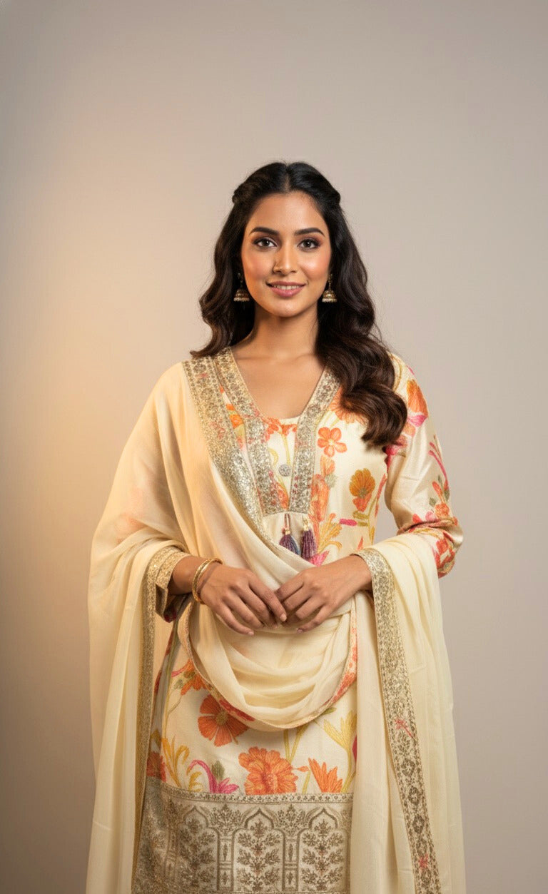 Ivory Floral Sharara Set with Embroidered Detailing – Festive Elegance