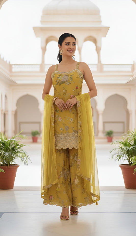 Mustard Floral Sharara Set with Dupatta – Graceful Festive Ensemble