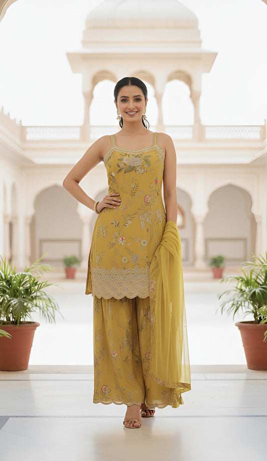 Mustard Floral Sharara Set with Dupatta – Graceful Festive Ensemble