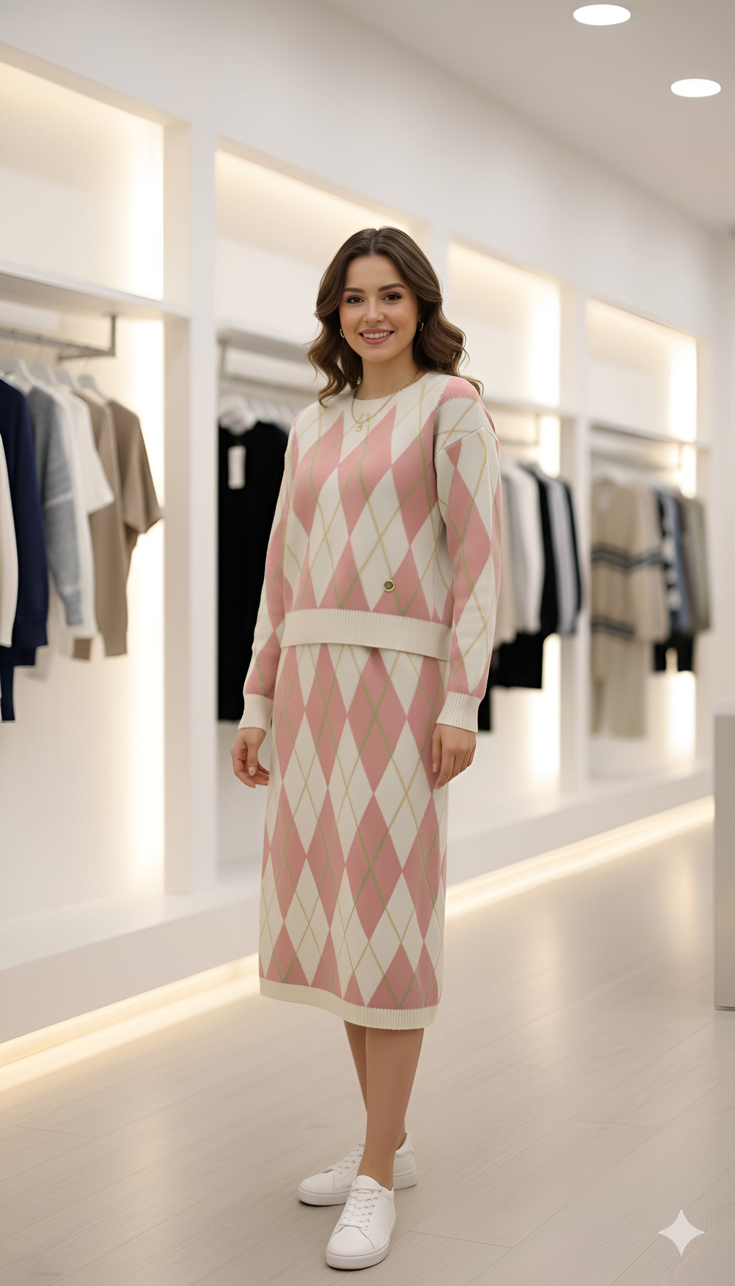 Women’s Pink & Cream Argyle Knit Co-Ord Set