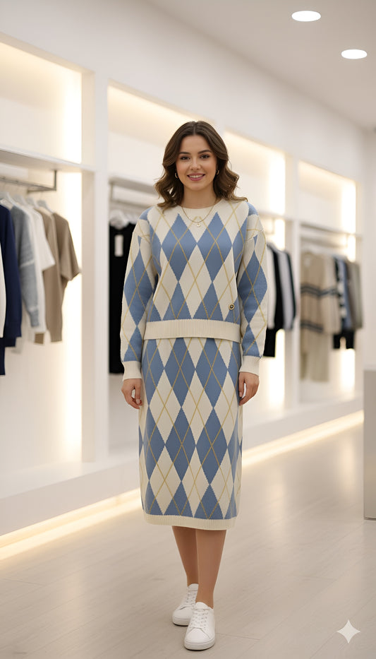 Women’s Blue & Cream Argyle Knit Co-Ord Set
