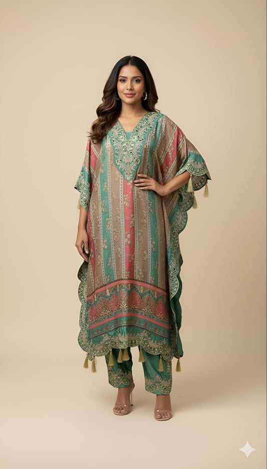 The 'Rose Garden' Embellished Kaftan and Trouser Set