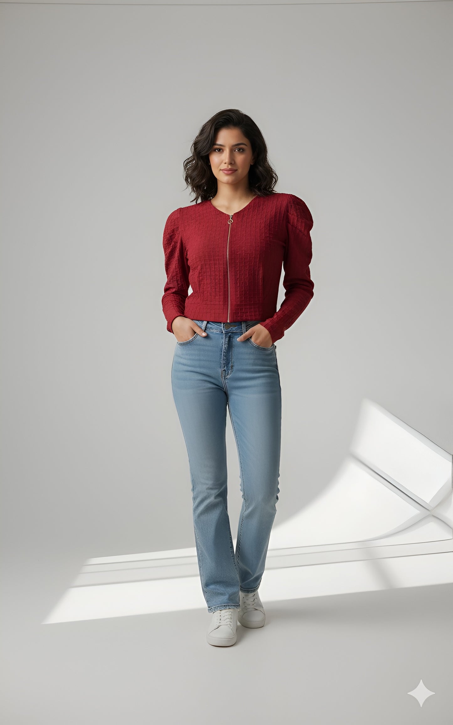 Red Textured Cropped Zipper Top