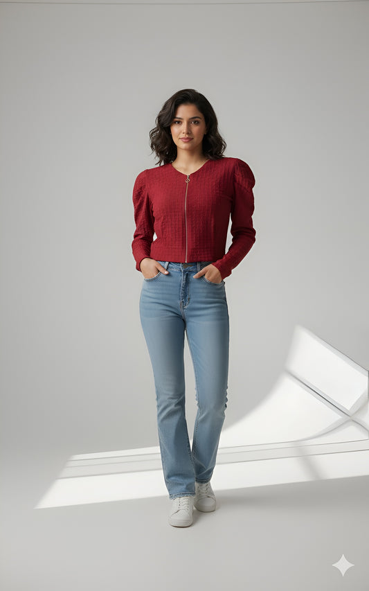Red Textured Cropped Zipper Top