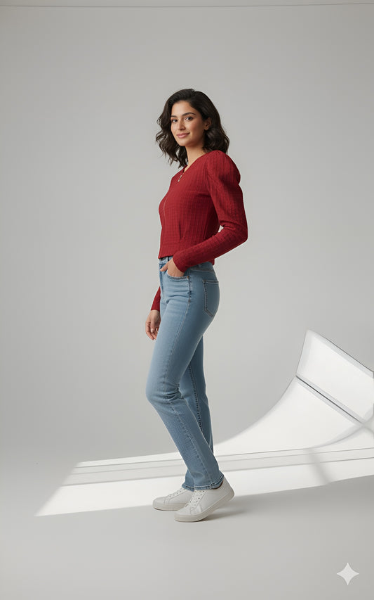 Red Textured Cropped Zipper Top