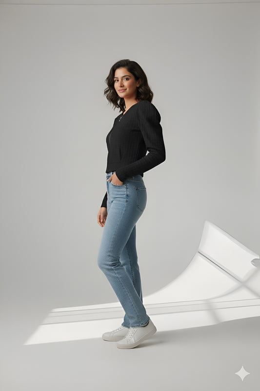 Black Puff Sleeve Cropped Zip Top