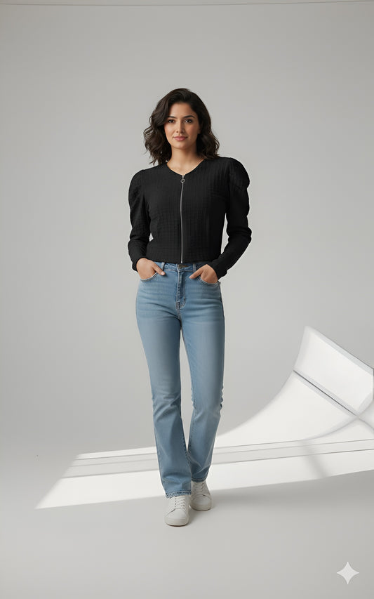 Black Puff Sleeve Cropped Zip Top