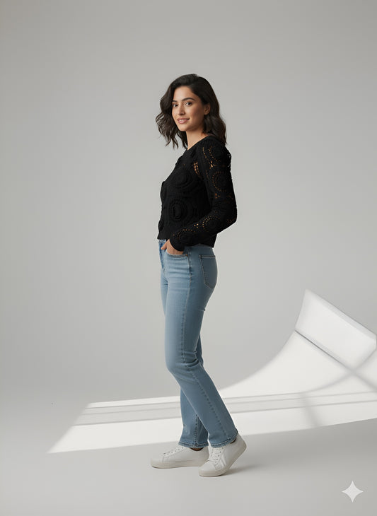 Jet Black Crochet Puff Sleeve Top