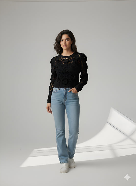 Jet Black Crochet Puff Sleeve Top