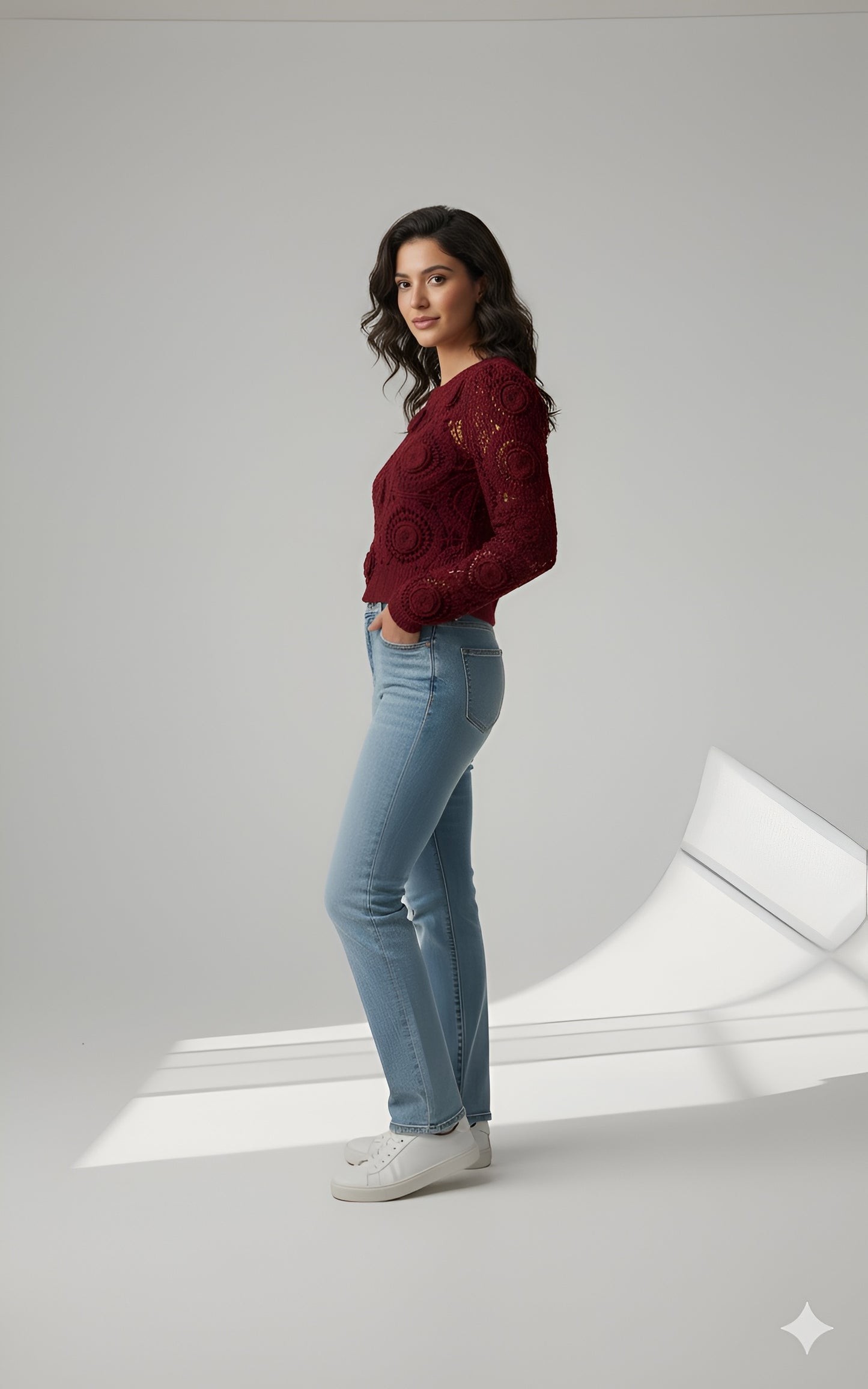 Crochet Puff Sleeve Sweater Top - Berry