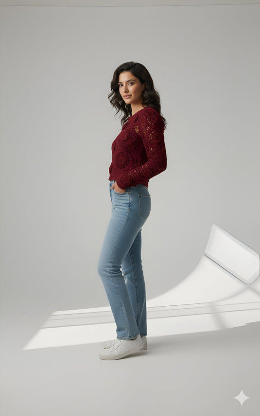 Crochet Puff Sleeve Sweater Top - Berry