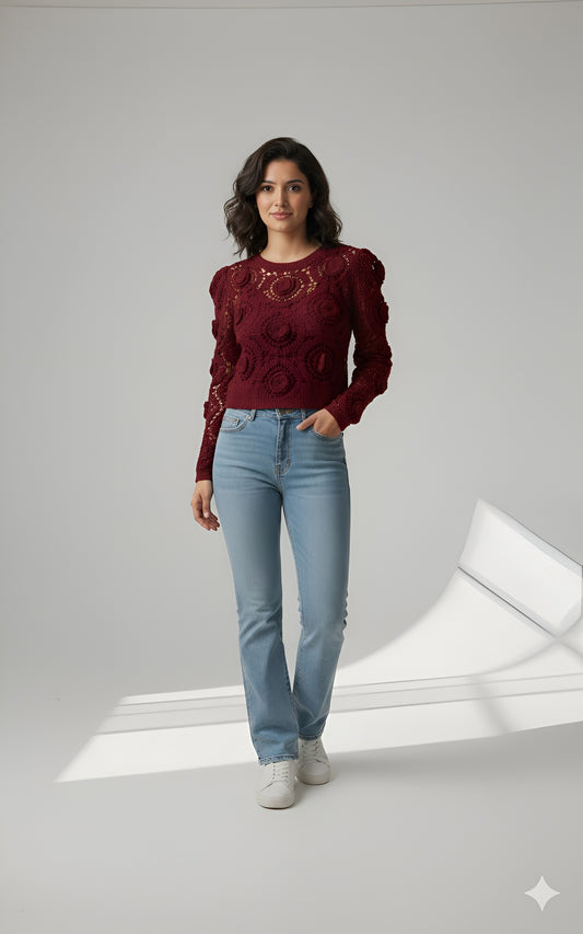 Crochet Puff Sleeve Sweater Top - Berry