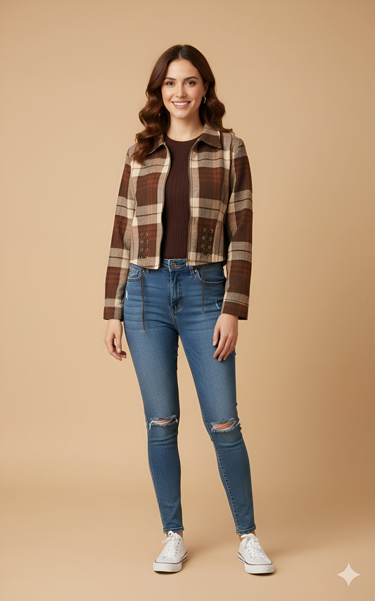 Brown Plaid Shacket with Lace-Up Hem