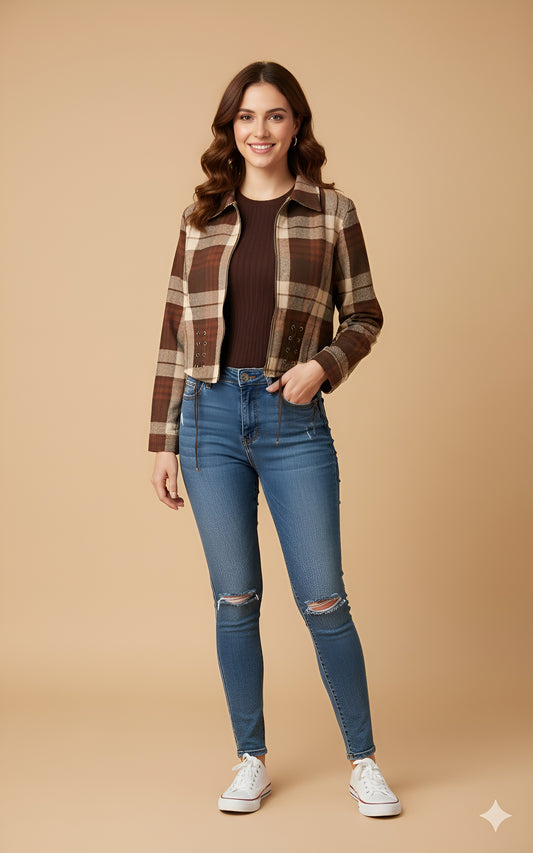 Brown Plaid Shacket with Lace-Up Hem