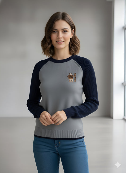 Two-Tone Raglan Sweater with Alpine Motif - Navy & Grey