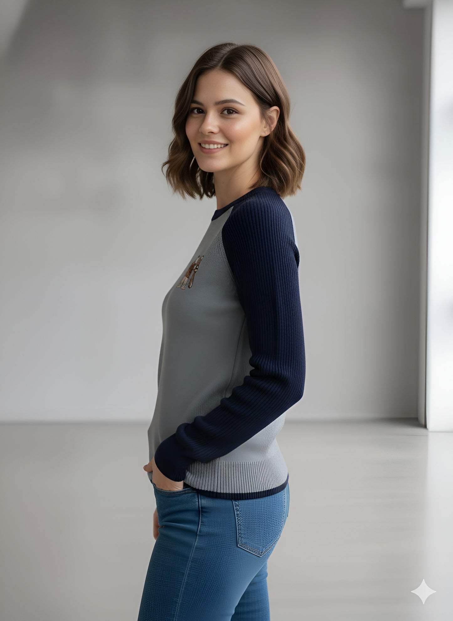 Two-Tone Raglan Sweater with Alpine Motif - Navy & Grey