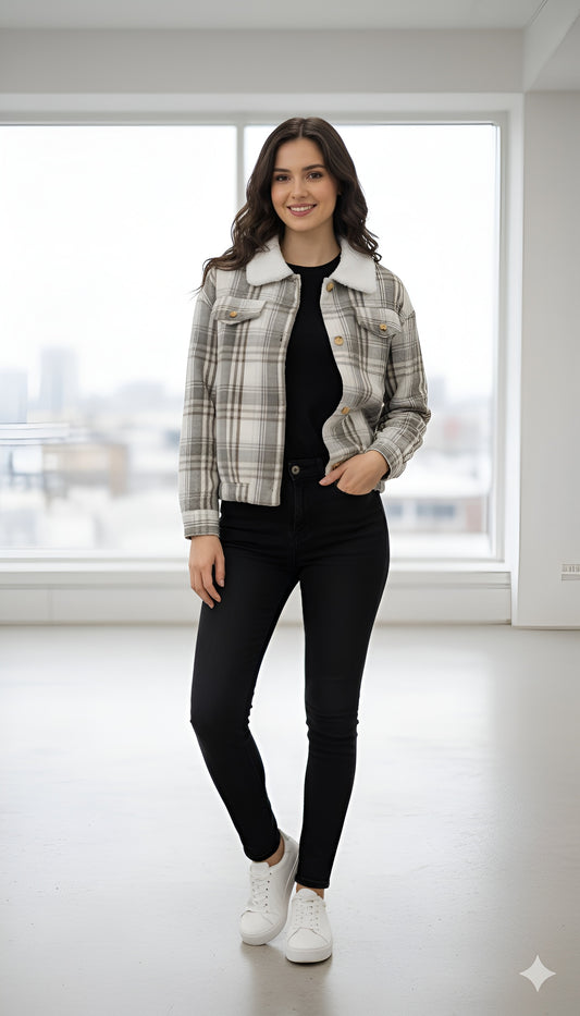 Grey & White Plaid Sherpa Collar Cropped Jacket