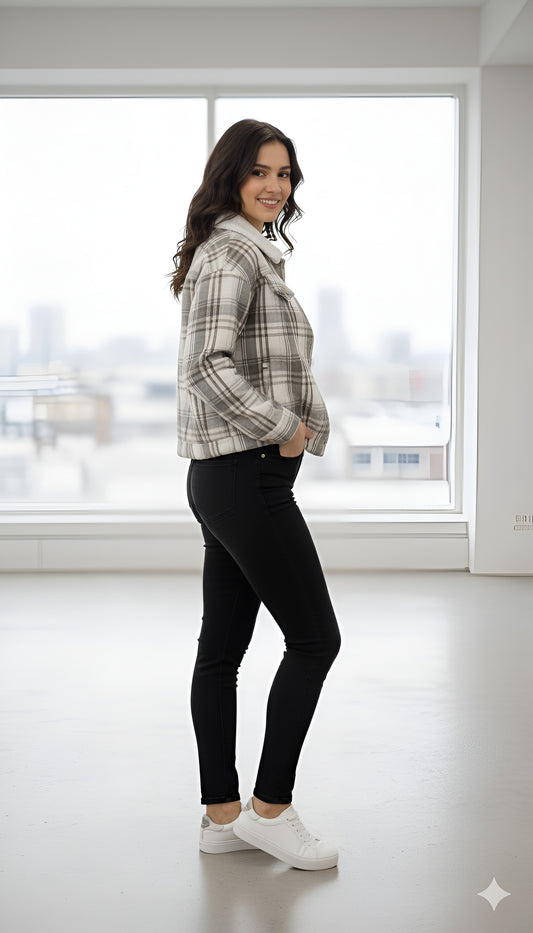 Grey & White Plaid Sherpa Collar Cropped Jacket