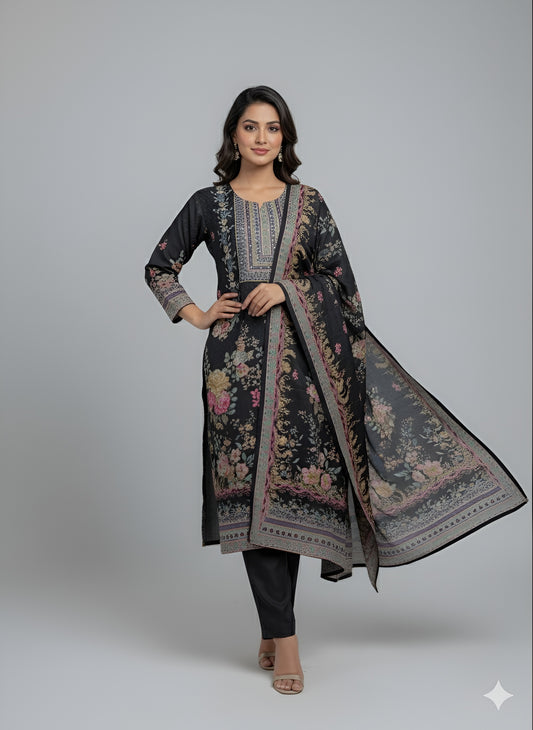 Women’s Black Floral Printed Suit Set with Dupatta