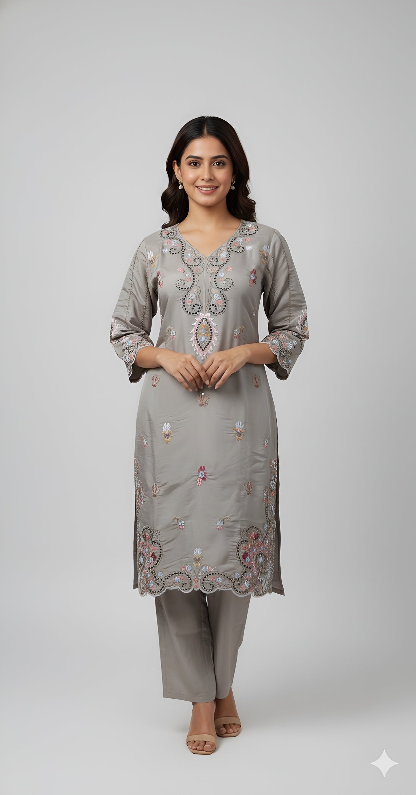 Women’s Grey Embroidered Kurta Set