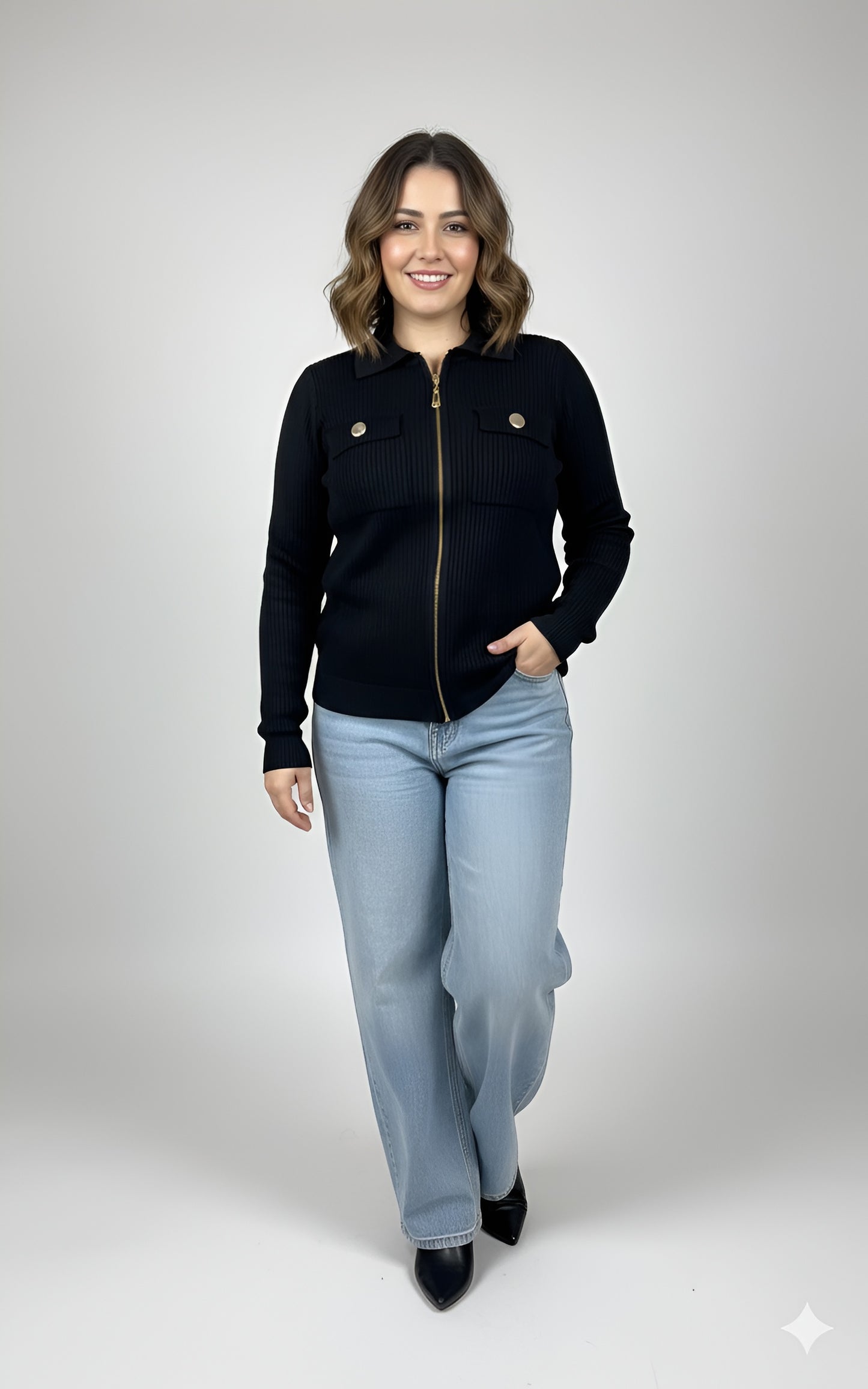 Everyday Elegance | Black Ribbed Zipper Sweater