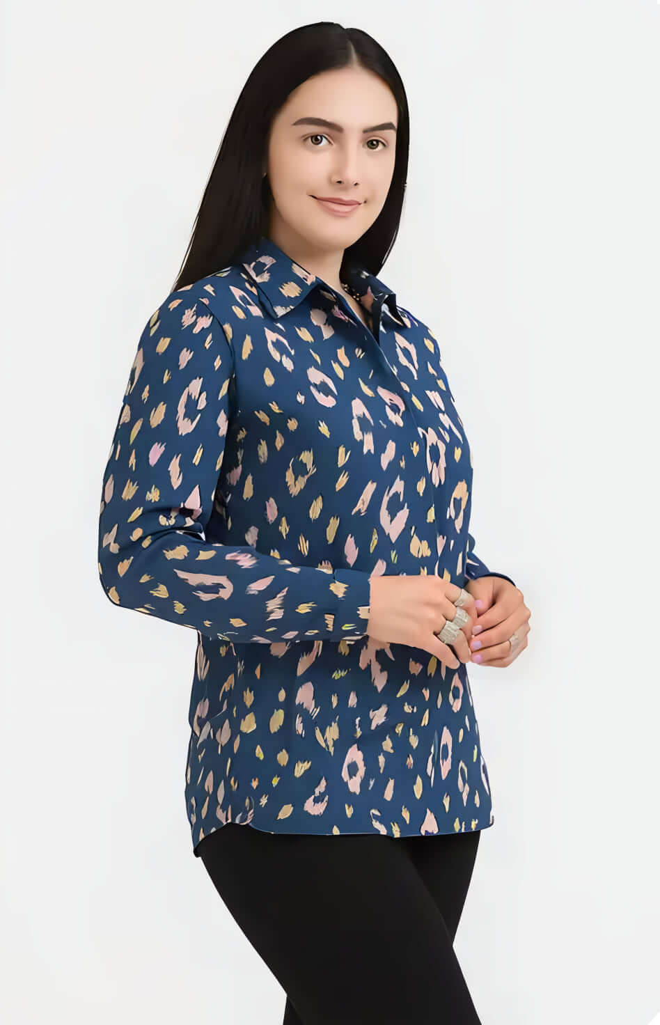 Women's navy leopard print full sleeve shirt in soft blush pink and mustard tones, perfect for casual and smart-casual wear.