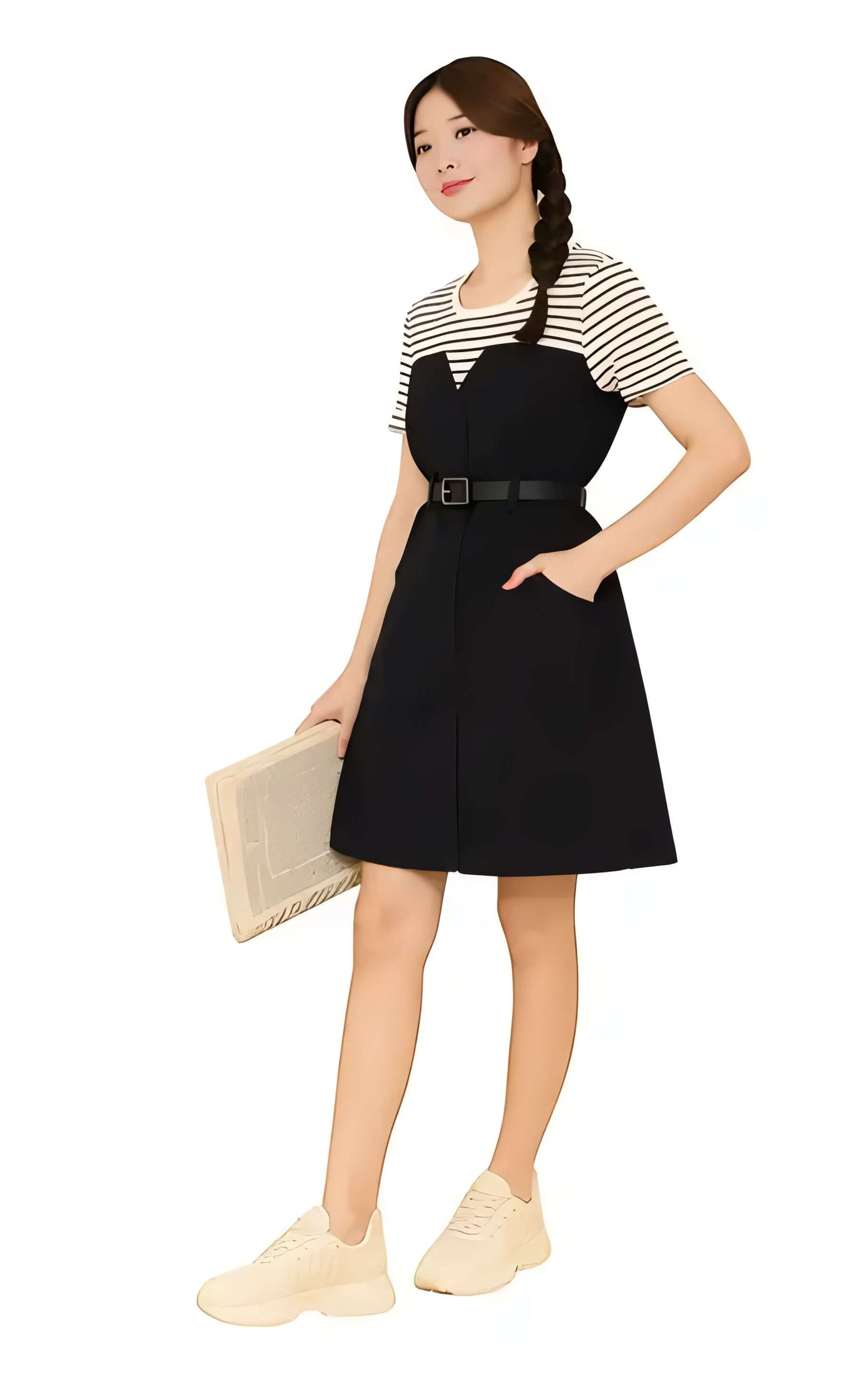 Model wearing Elegant Contrast Denim Dress with striped sleeves, large pockets, and a waist belt, perfect for casual outings.