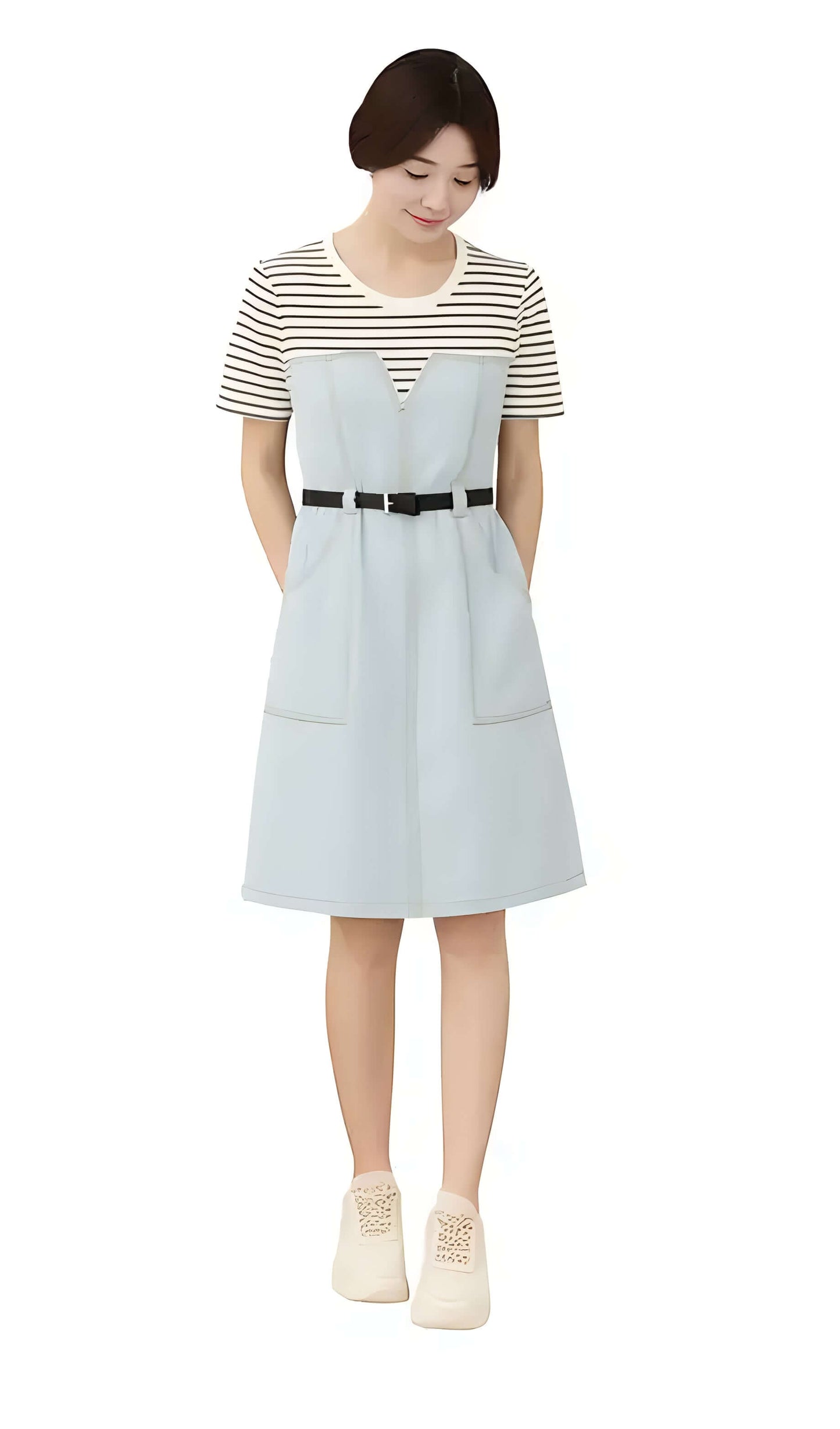 Elegant Contrast Denim Dress with striped sleeves, belted waist, and pockets in light blue, perfect for casual occasions.
