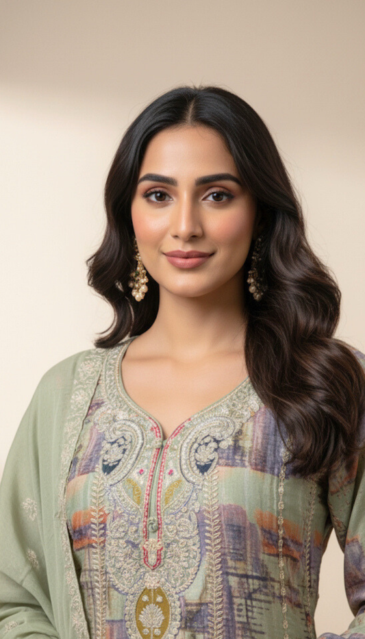 Pastel Green Printed Sharara Set with Embroidered Detailing