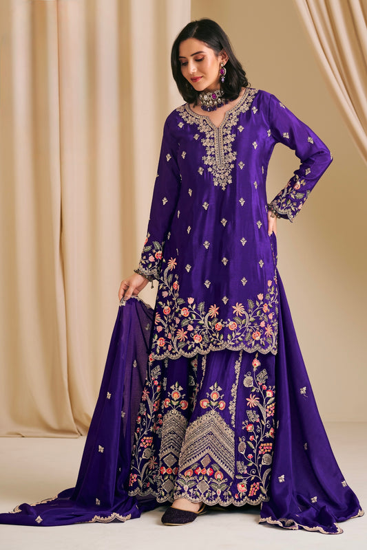 Luxury Purple Silk Sharara Suit with Intricate Zari and Floral Embroidery