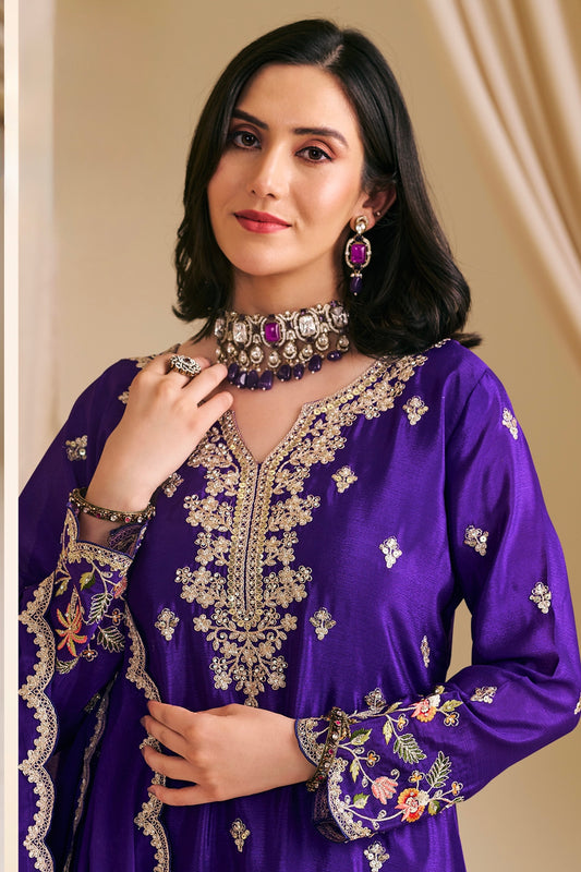 Luxury Purple Silk Sharara Suit with Intricate Zari and Floral Embroidery