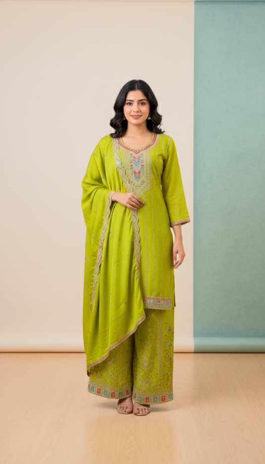 The Lime Serenity Embroidered Palazzo Suit