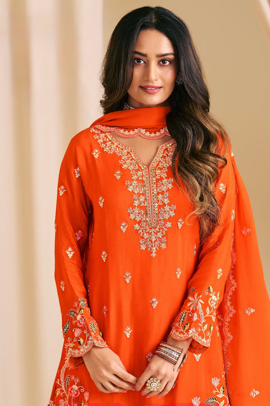 Luxury Orange Embroidered Suit Set with Dupatta